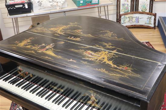 An early 20th century chinoiserie lacquer Challen baby grand piano